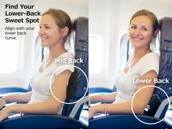 Traveler using SMART TRAVEL inflatable lumbar pillow on airplane seat for back & lower back support