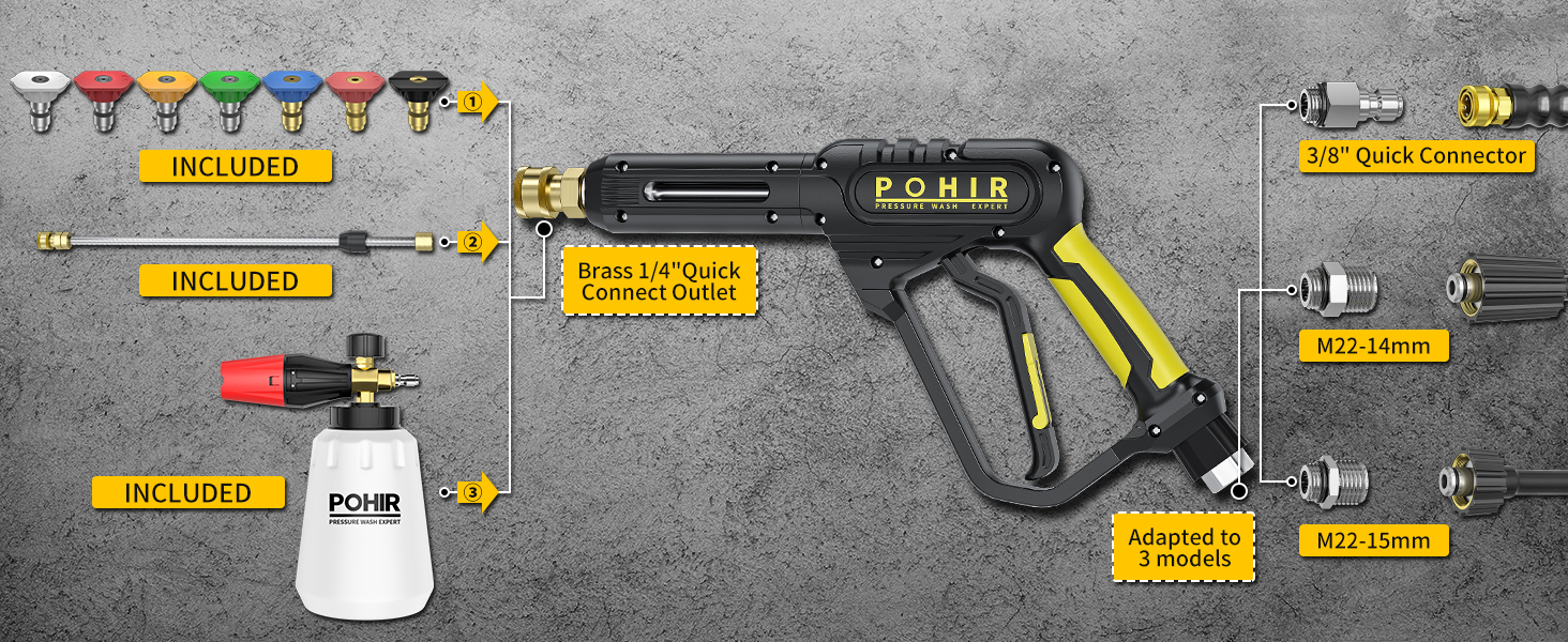 Pressure Washer Gun with Foam Cannon 3/8" Quick Connector Extension Wand Nozzle