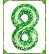 40 Inch Giant Green Pixel Miner Theme Number Foil Balloons, Numbers 8 Available, Large Mining Sty...