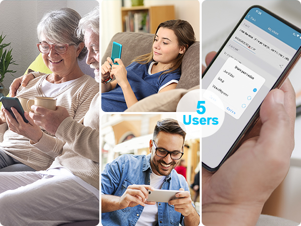 Composite image showing multiple people using mobile devices, with a '5 Users' text overlay and a smartphone displaying an app interface.
