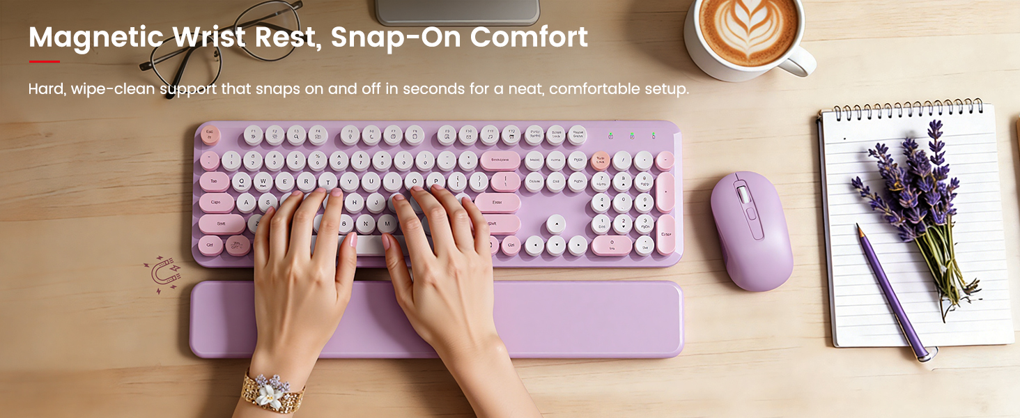 Detachable magnetic wrist rest snaps on for wipe-clean support and all-day typing comfort.