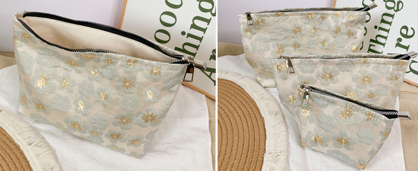 cute embroidery golden daisy makeup pouch for women purse, accessories storage and travel, spacious