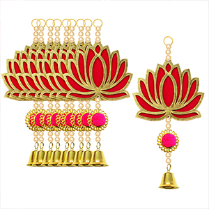 Two ornate gold and red lotus-shaped jewelry pieces with dangling elements. Larger piece features multiple tiers, while smaller piece has a single lotus design with a bell.
