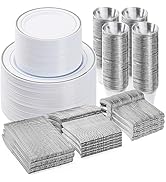 BESTVIP 600PCS Plastic Dinnerware Set (100 Guests), Silver Disposable Plates for Party, Wedding, ...