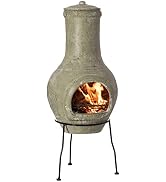 Indoor and Outdoor Beige Clay Chimenea Scribbled Design Fire Pit with Metal Stand
