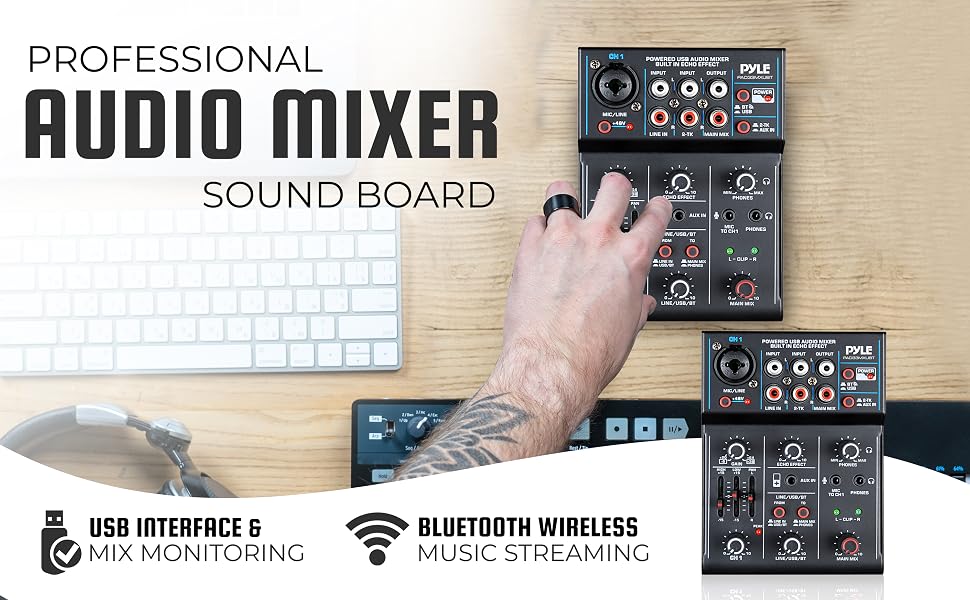 Professional Wireless DJ Audio Mixer - 3-Channel Bluetooth DJ Controller Sound Mixer w/USB Audio