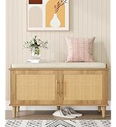 Akxomel Rattan Shoe Storage Bench with Cushion, 2-Tier Entryway Bench with Adjustable Shelves and...