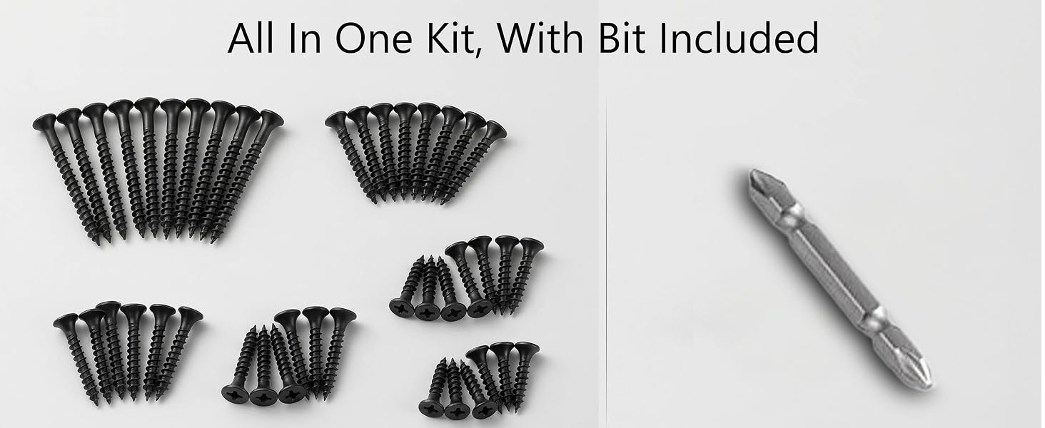 Wood screw kit with Phillips bit, ready to use.