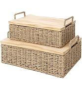 Handwoven Seagrass Storage Baskets with Wooden Lids, Set of 2 Stackable Woven Baskets with Handle...