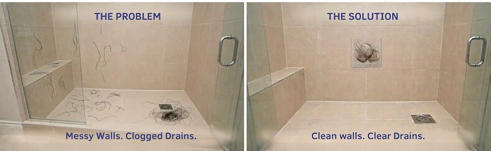 Comparison showing clogged shower drain versus HairStixies adhesive pad collecting hair drains clear