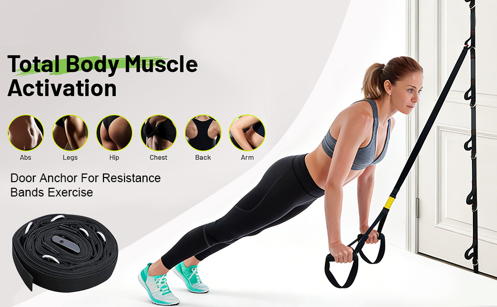 Text reads 'Total Body Muscle Activation'. Exercise demonstration images showing suspension training movements with resistance bands and body weight.