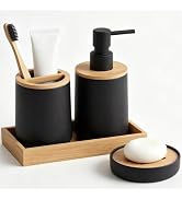 Bathroom Accessories Set 4 Piece Luxury Bamboo Bathroom Decor,Matte Black | Soft-touch Luxury Bam...