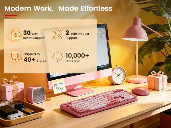Pink retro keyboard and mouse on modern desk with support and badges.