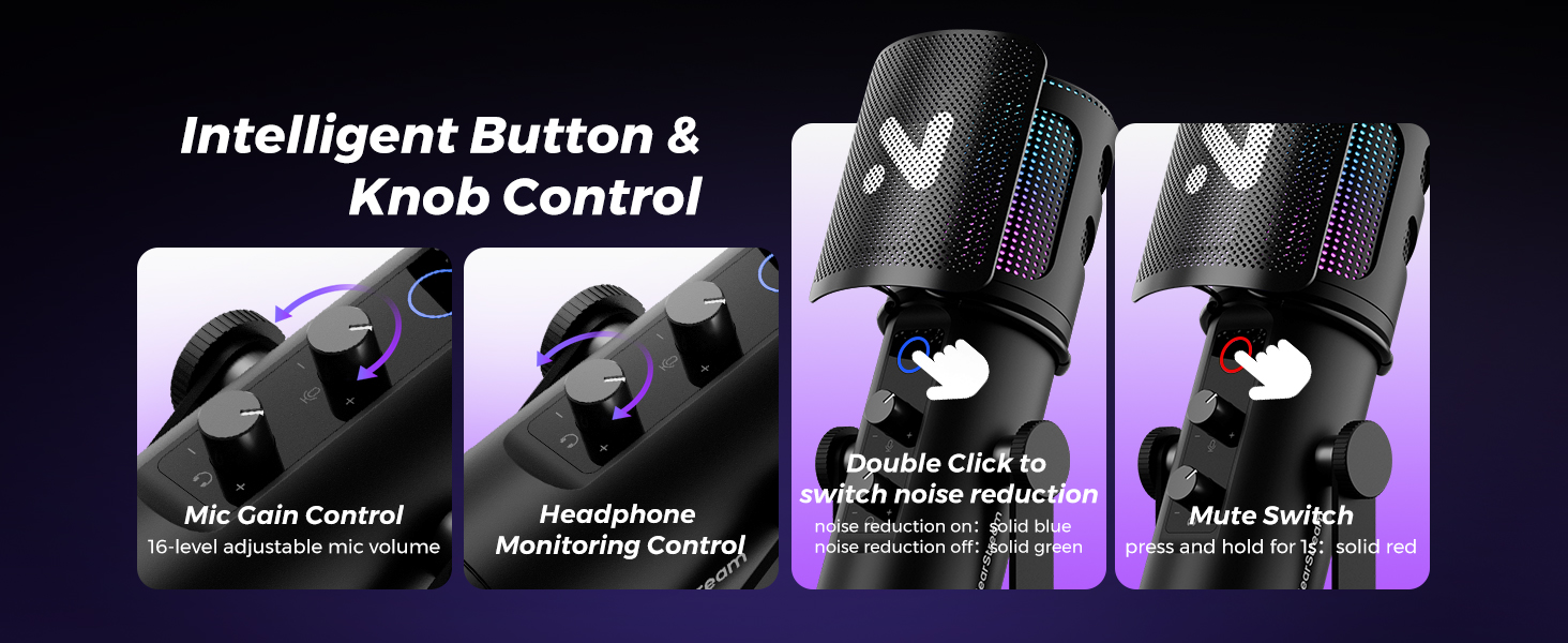 Microphone control panel with four features: Mic Gain Control, Headphone Monitoring Control, Volume/Mute, and Mute Switch. Each feature is illustrated with a knob or button icon.