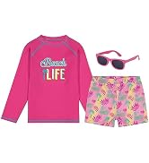Girls Swim Set with Long Sleeve Rash Guard, Swim Shorts, Sunglasses (Pink - Beach Life or Purple ...