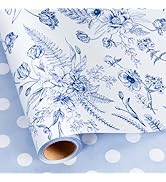 Yarcony Blue Floral Wrapping Paper Roll, Blue and White Wrapping Paper, Elegant Vintage Toile Flo...