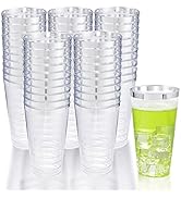LIYH 100 Pcs 16 oz Silver Plastic Cups - Clear Plastic Tumblers with Silver Rim Big Size Fancy Di...