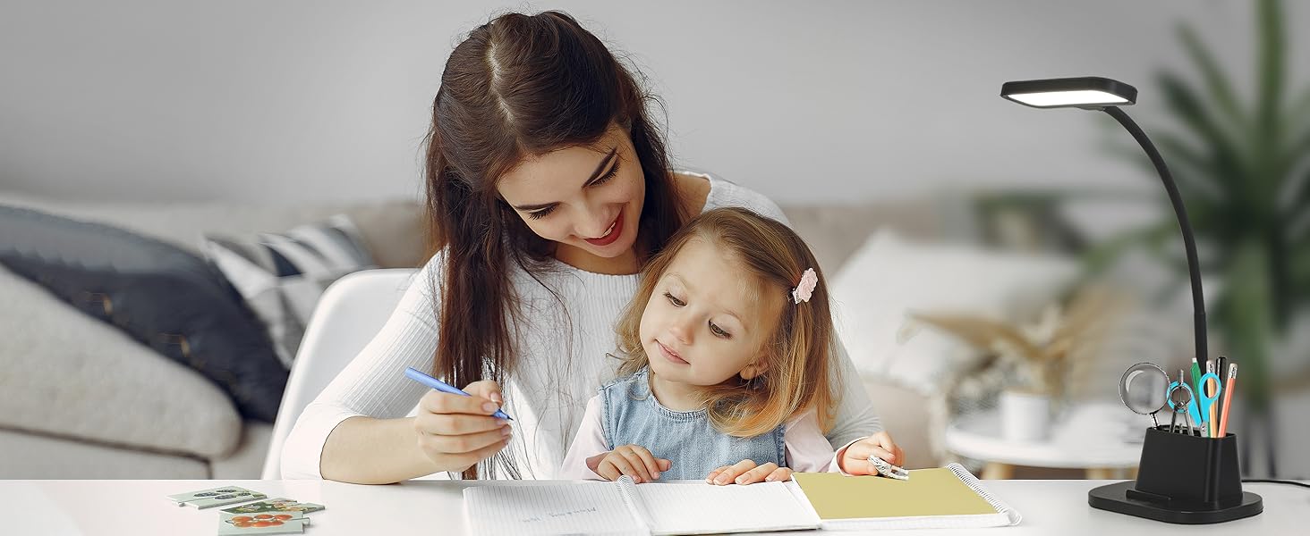 Desk Lamps for Home Office with Pen Holder USB Charging Ports Reading Light LED Table Lamp