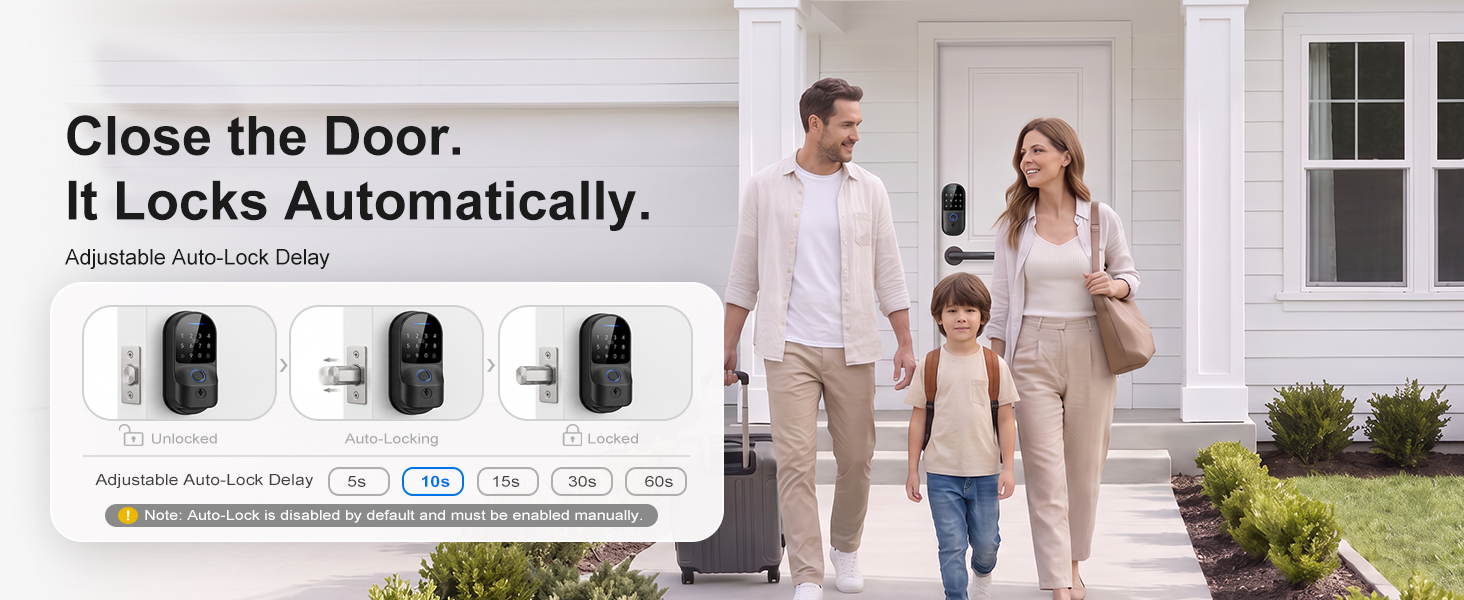 Set a 5–60 second delay to automatically lock the door after it closes.