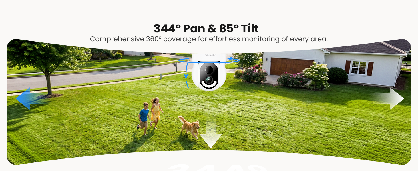 Text reads '344° Pan & 85° Tilt', 'Professional HD Wireless Monitoring System featuring all-viewing all-covering all-recording all-night visible'. Wide landscape view showing outdoor security camera mounted on residential house with family in yard.