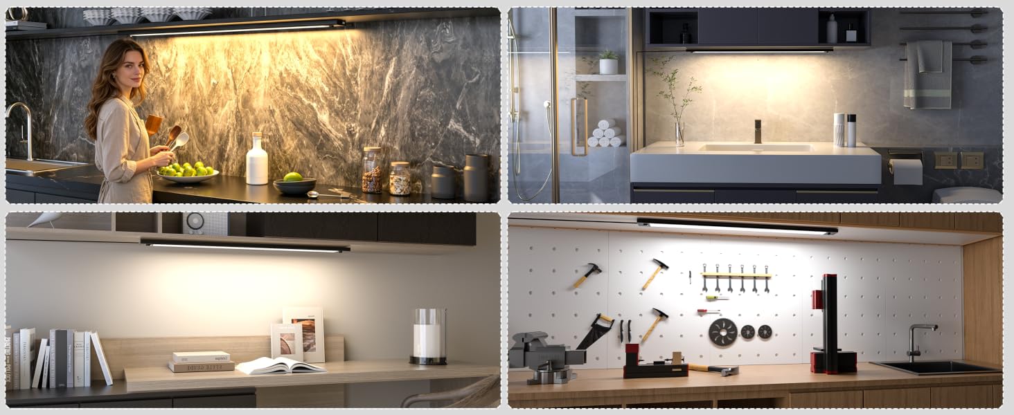 Composite of four illuminated display cases showing interior architectural lighting installations