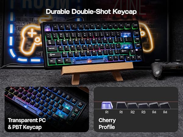 Text reads 'Durable Double-Shot Keycap', 'Transparent PC & PBT Keycap', 'Cherry Profile'. Gaming keyboard with RGB backlit keys shown from multiple angles.