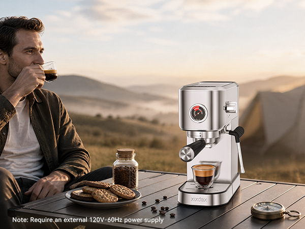 espresso machine RV camping outdoor coffee requires 120V power supply
