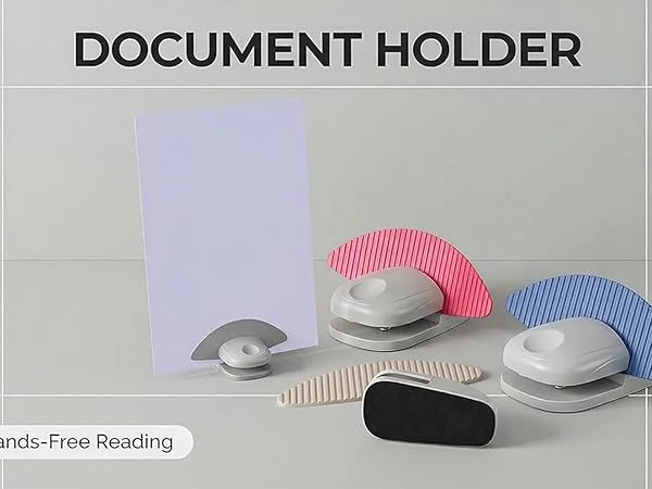 Desktop document holder with silicone grip pads keeps papers stable for typing reading and writing