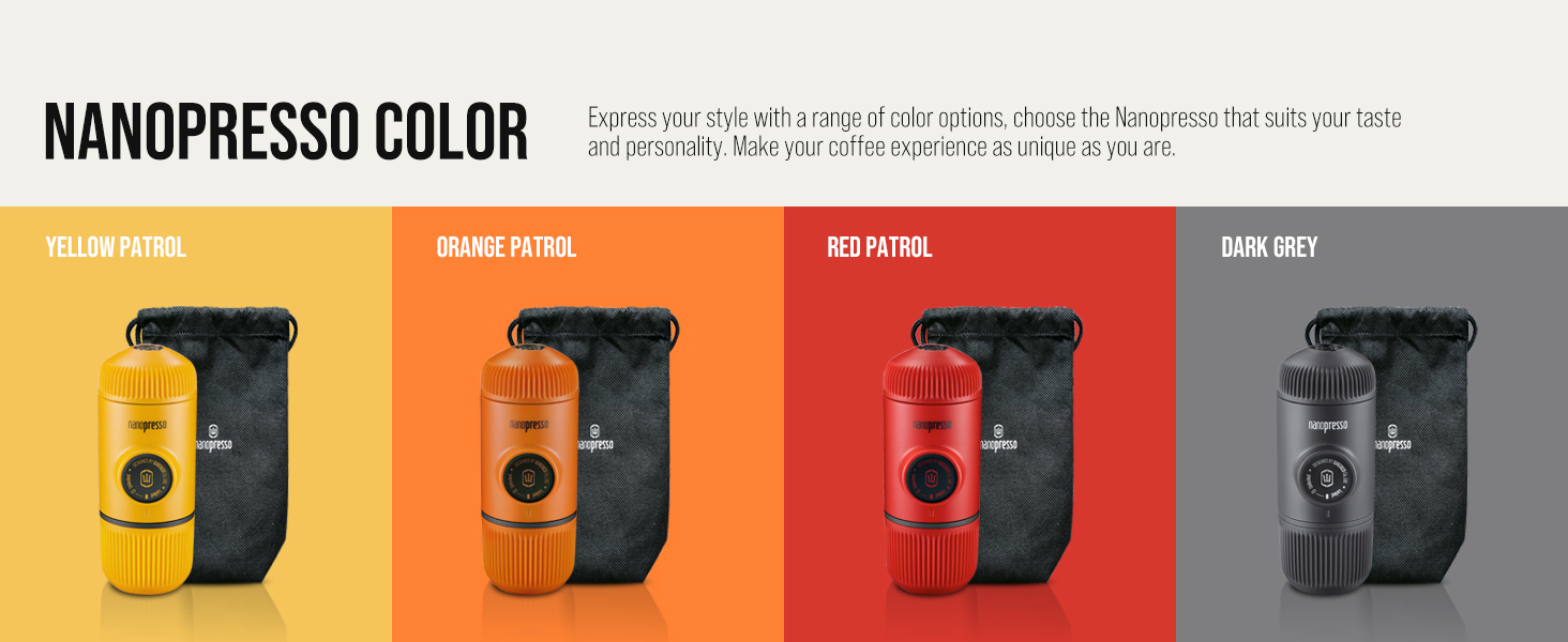 Nanopresso Color lineup showing four compact espresso makers in yellow, orange, red, and gray colors.