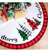Christmas Tree Skirt 48 Inch Red Rustic Xmas Tree Skirt with Snowflake, Black Red Buffalo Plaid C...
