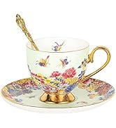 CHENP.HMC 3 Piece Bone China Cup and Saucer Set with Spoon Vintage Porcelain Coffee Cup Set, Flor...