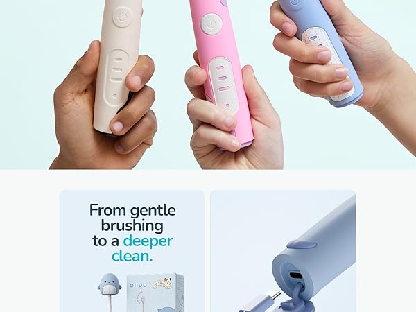 Text reads 'From gentle brushing to a deeper clean.' Series of product demonstration images showing an electric toothbrush with different brushing modes and features.