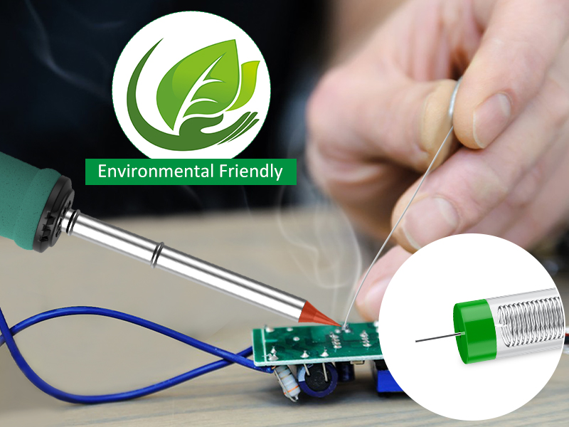 Soldering iron with blue wire being used on electronic component, featuring environmental friendly logo and circular detail image of metal tip.