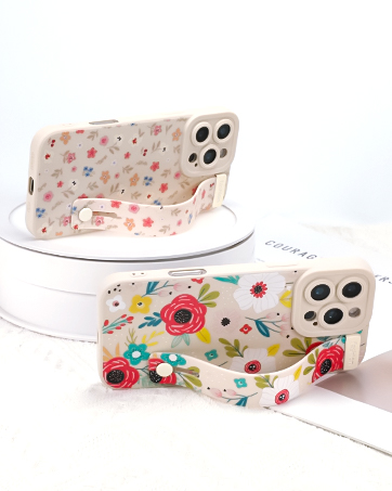 silicone loopy phone case with wrist strap for iPhone, Cute floral flower pattern phone case