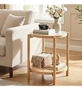 Giantex Rattan Round Side Table, 2-Tier Boho End Table w/Tempered Glass Top, Storage Shelf & Acac...