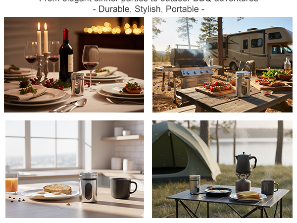 Portable salt and pepper shakers for outdoor BBQ, camping trips, dinner parties and breakfast.