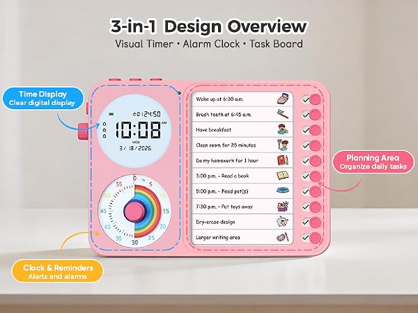 3 in 1 Visual Timer ADHD Tool Kids Adults Task Schedule Chore Planning Board Home White pink blue