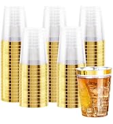 Ciaell 120PCS Gold Plastic Cups - 10Oz Heavy Duty Plastic Cups - Clear Plastic Cups with Gold Rim...