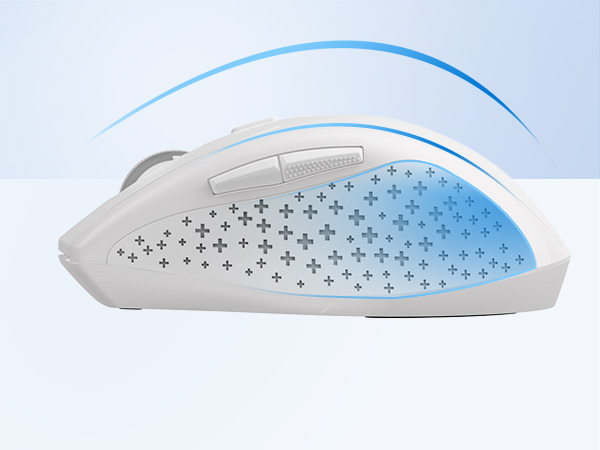 White computer mouse with ergonomic design. Features a blue glowing arc and a pattern of small crosses on its surface.