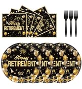 72Pcs Retirement Plates and Napkins, Black Gold Happy Retirement Party Decorations Paper Plates a...