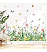 decalmile Green Grass Wall Corner Stickers Plant Flowers Butterflies Baseboard Skirting Line Wall...