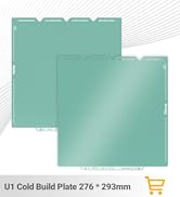 Text reads 'U1 Cold Build Plate 276 * 293mm'. Teal-green rectangular build plate with white mounting tabs and notches, shown in offset layered view. Shopping cart icon visible.