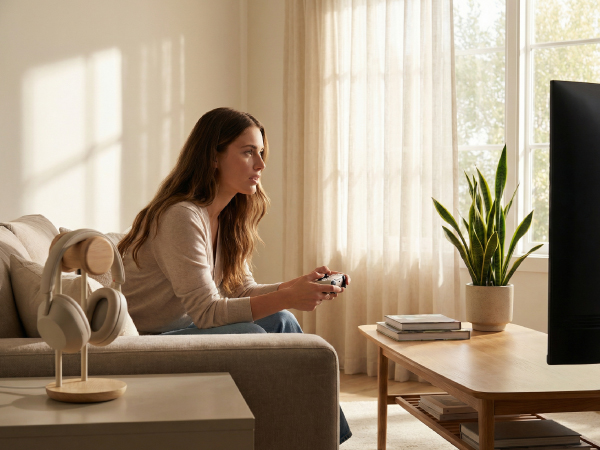 Person relaxing on a gray couch in a sunlit room with houseplants, using a tablet device while lounging. Modern minimalist living room setting.