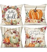 DFXSZ Fall Pillow Covers 18x18 inch Set of 4 Fall Decorational Orange White Pumpkin Fallen Leaves...