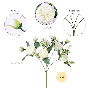 Artificial white rose flower arrangement with leaves. Includes measurements for flower sizes and overall height of 32cm/12.6". Set of 4 stems.