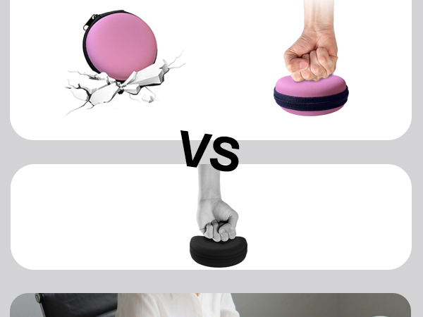 Text reads 'VS'. Comparison demonstration of pink circular objects being manipulated or handled, shown in multiple stages.