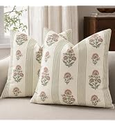 DKwizme Vintage Throw Pillow Covers 18x18 Set of 2, Striped Floral Pillow Cover Botanical Pattern...