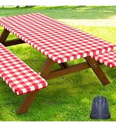 Smiry Picnic Table Cover with Bench Covers, Waterproof Elastic Fitted Tablecloths for 6 Foot Rect...