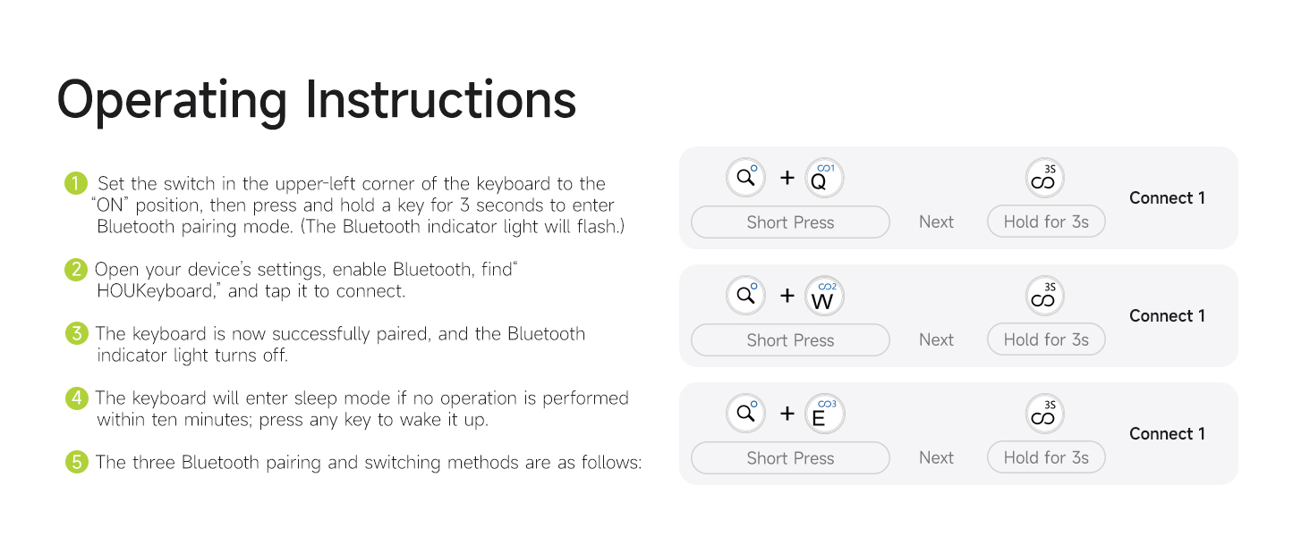 User manual showing pairing steps and 3-device switch shortcuts for mini keyboard