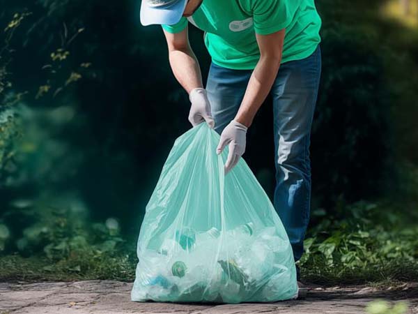 Using 13 gallon trash bags collect plastic bottles in garbage bags.